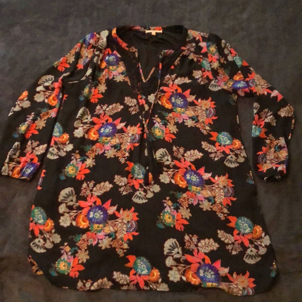 Gibson Latimer Black Floral Lined Shift Dress XL pockets, tassels